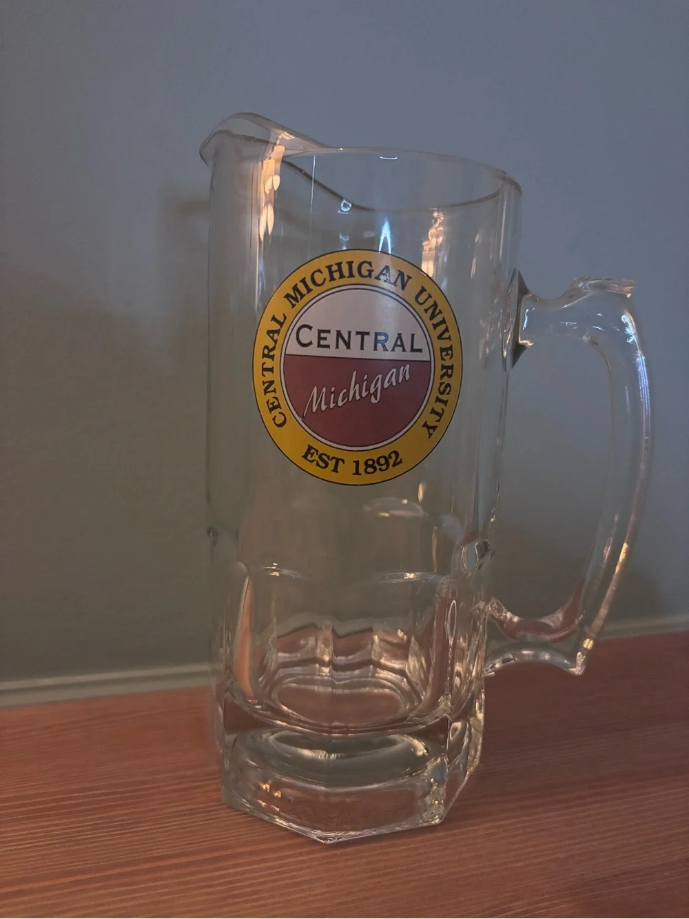 Clear Glass Beer Stein with Maroon and Gold Seal